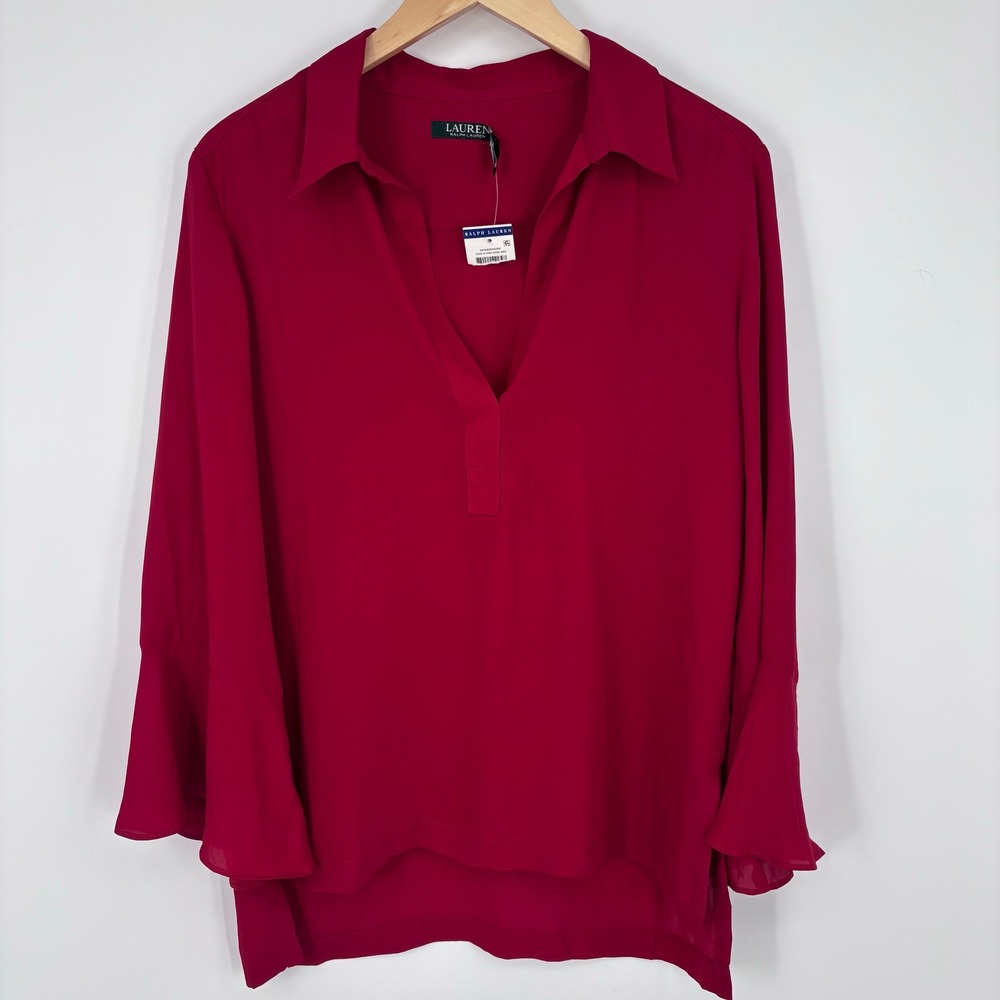 Lauren Ralph Lauren Bell Sleeve V-Neck Blouse Womens M Red Chiffon Top New